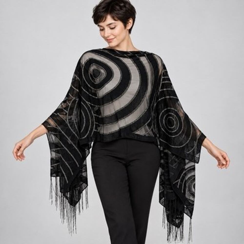 KOKOMO 7 Way Scarf Black Sheer Artsy Circles Fringe Wrap Shawl Poncho Cover Up